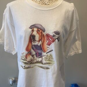 Vintage Y2K White T-Shirt with Golfing Basset Hound